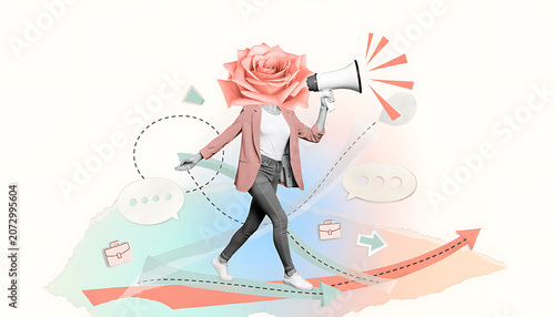 Woman in pink dress holding shopping bags with credit cards and money flying around her