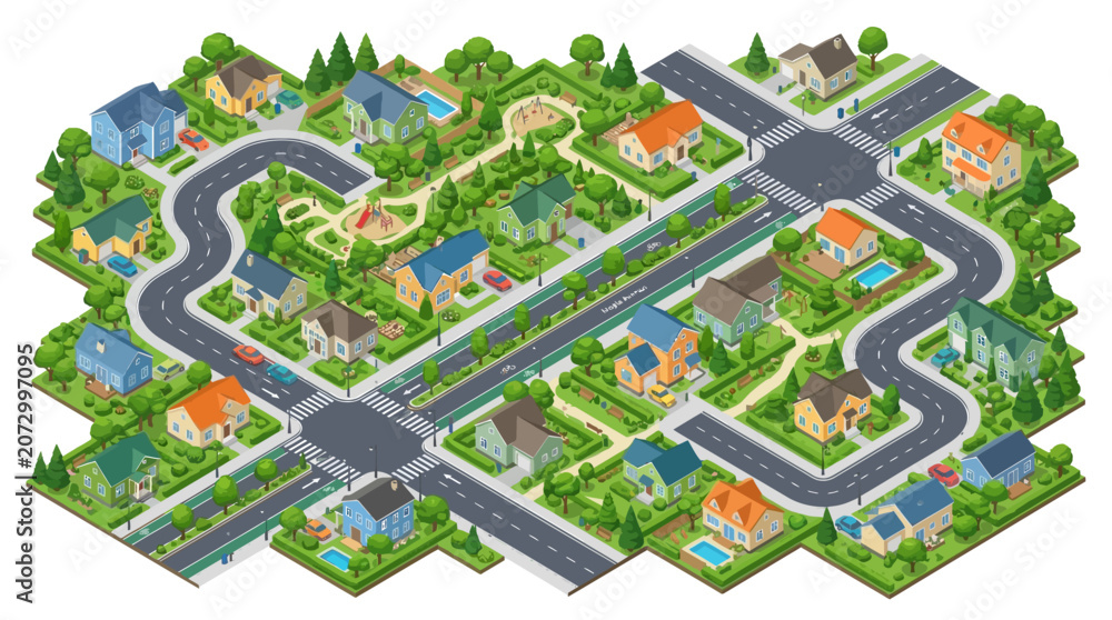 Fototapeta premium Colorful suburban neighborhood with winding roads, diverse homes, lush green trees, swimming pools, and neatly landscaped yards