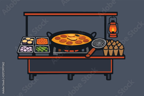 Schilderij op canvas Piyaju beguni fritter cart with frying oil and fresh vegetables