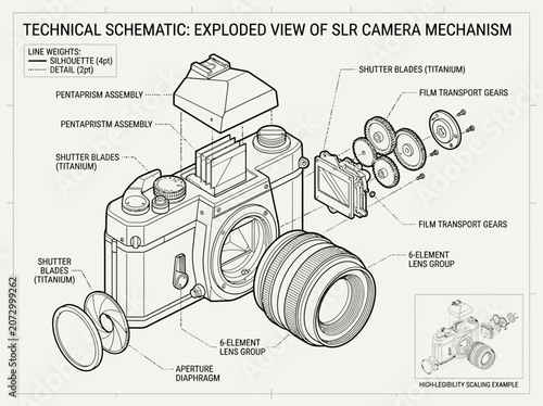 Canvastavla Technical Schematic Exploded View of SLR Camera Mechanism with Detailed Engineer