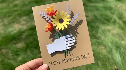 A beautiful handmade paper Mother's Day card with a paper hand holding a vibrant bouquet of flowers, held up against a natural green garden background.