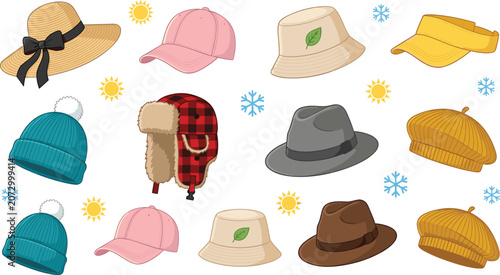 Winter and summer hats collection featuring beanie, baseball cap, bucket hat, fedora, beret, visor and straw hat vector set