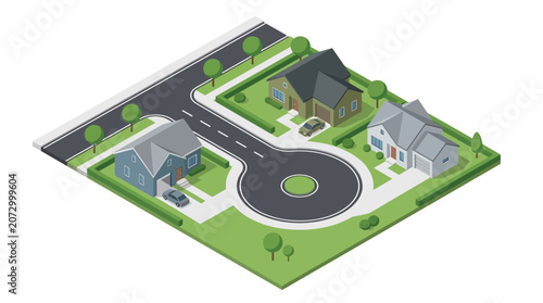 Stylized aerial illustration of suburban neighborhood with winding road and green surroundings