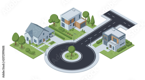 modern suburban neighborhood with cul-de-sac showcasing contemporary houses surrounded by greenery and paved roads