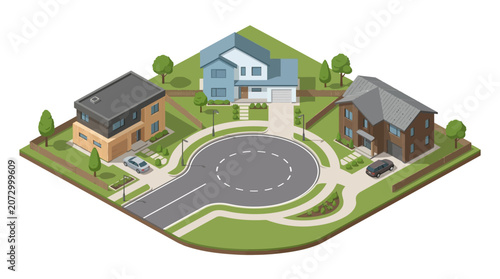illustration of a suburban neighborhood with modern houses and green spaces surrounding a circular cul-de-sac
