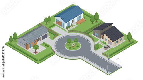 Isometric illustration of a suburban residential area with three modern houses, driveways, lush green lawns, trees, and a