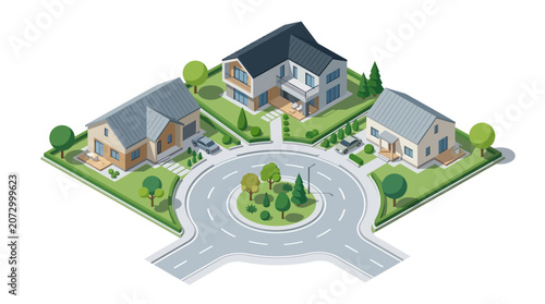 modern residential neighborhood featuring single-family homes with landscaped yards and a central roundabout for improved