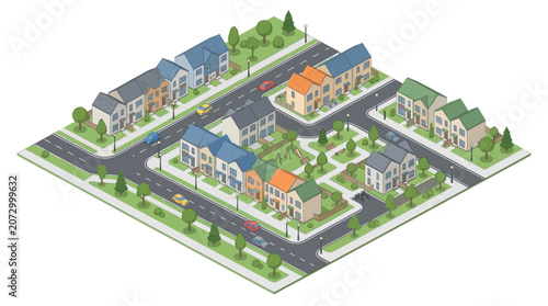 Illustration of a Modern Residential Neighborhood with Diverse Architectural Styles and Lush Green Surroundings for Community