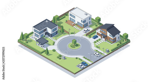 Modern residential neighborhood with contemporary houses and landscaped surroundings showcasing a planned community layout