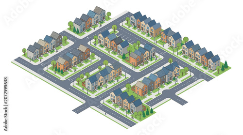 isometric illustration of a suburban neighborhood with diverse detached and semi-detached houses surrounded by greenery and roads