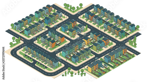 Detailed illustration of a suburban neighborhood with numerous modern homes, winding roads, and lush green trees creating a