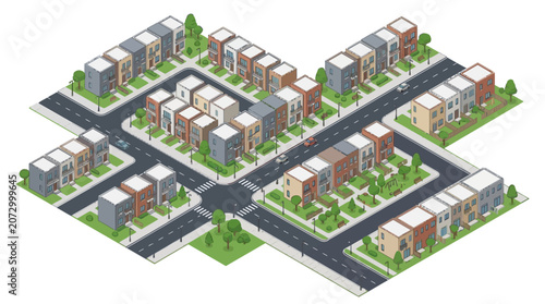 a detailed isometric illustration of a modern neighborhood with residential houses and green spaces showcasing urban planning