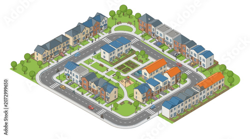 colorful modern residential neighborhood with single-family homes and community spaces in an organized urban layout
