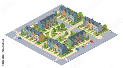 Isometric View of Modern Residential Neighborhood Featuring Unique Townhouses and Community Green Spaces for Urban Living