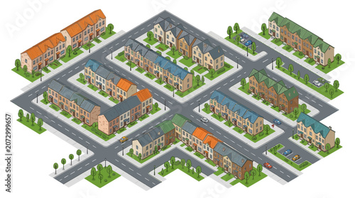 Colorful neighborhood with diverse residential buildings and tree-lined streets in an illustrative urban community
