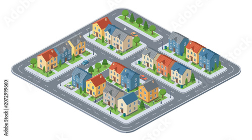 colorful isometric neighborhood with diverse suburban houses and landscaped streets reflecting community living and urban design