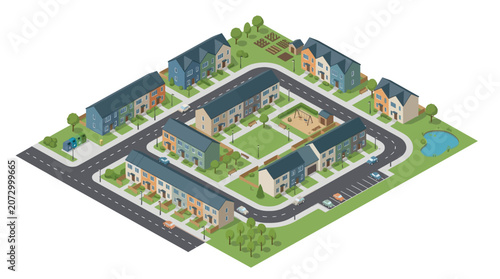 Modern residential neighborhood layout featuring townhomes, green spaces, sidewalks, and a pond surrounded by a peaceful