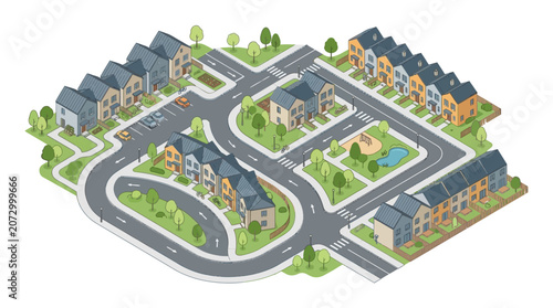 Stylized aerial illustration of a suburban neighborhood featuring winding roads, diverse housing styles, green spaces, trees,