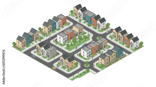 illustration of a modern suburban neighborhood with colorful houses, green lawns, and tree-lined streets depicted from an aerial