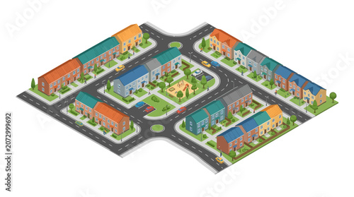 Colorful suburban neighborhood with picturesque houses, green spaces, and winding streets showcasing community living in a