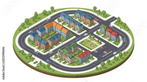 Animated isometric illustration of a modern residential neighborhood with colorful houses, green spaces, roads, and community