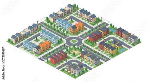 colorful suburban neighborhood with neatly arranged houses, green lawns, and wide streets in a vibrant community setting