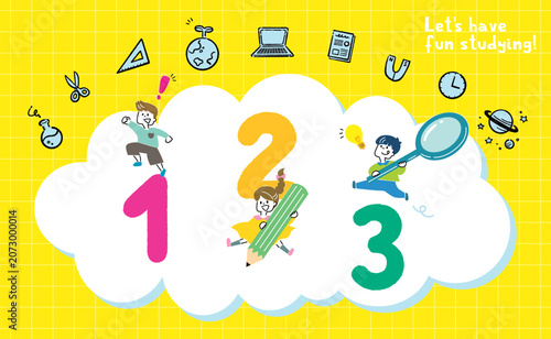 Cuadro en lienzo 元気に学習する子供達の成長をイメージしたイラスト　教科のイメージアイコンセット