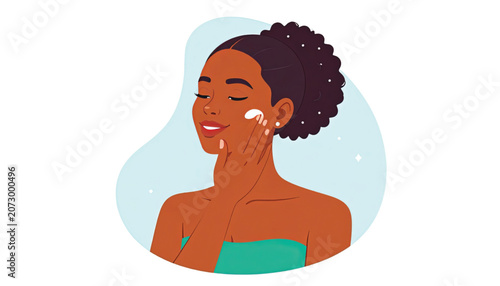 Woman applying facial cream on face.