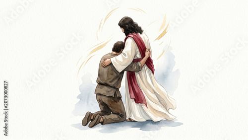 Jesus Hugging a Repentant Man in a Healing Spiritual Embrace