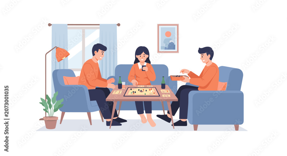 Fototapeta premium Happy friends playing a board game together in a cozy living room during a festive thanks giving gathering to celebrate joyful bonding and fun atmosphere