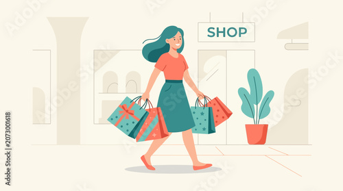 Woman walks down shopping street with colorful bags and plant