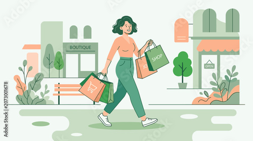 Woman walks into a modern clothing store with racks and shelves