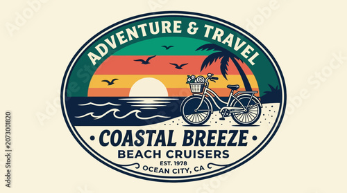 A vintage-style travel club badge features a seagull, palm tree, and sunset over a beach.