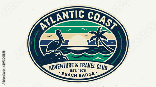 Vintage beach badge logo features a seagull, palm tree, and island landscape.