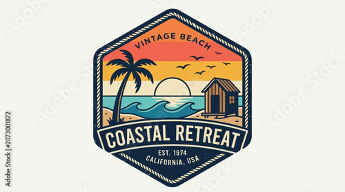 A vintage beach logo features a palm tree, hut, and sunset over the ocean with a coastal retreat sign.