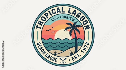 Vibrant beach badge illustration features a tropical lagoon scene with palm tree