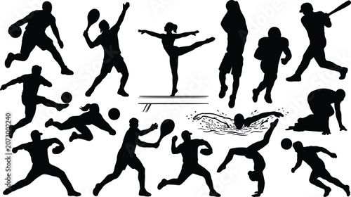 Tableau sur toile Collection of black silhouettes of people engaging in various sports
