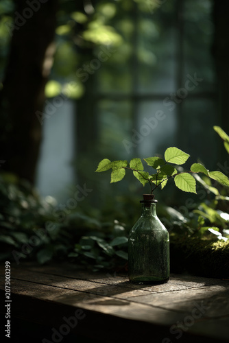 Green leafy branch in a vintage glass bottle on a rustic wooden table inside a sunlit greenhouse