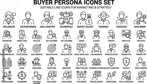 Buyer Persona Marketing Strategy Line Icons Set