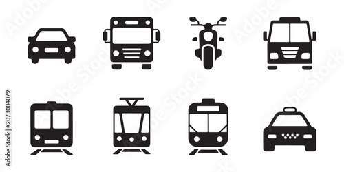 Various transport vehicle icons including car bus motorcycle train and taxi for city travel.
