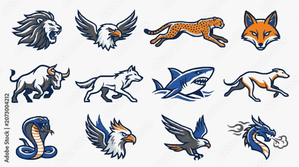 Fototapeta premium Dynamic Collection of 12 Vibrant Sports Team Mascot Logos Featuring Bold Animals in Blue Orange and Gray