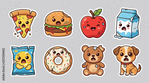 Cute distressed food and toy characters