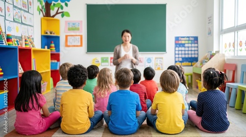 Female teacher standing in front of chalkboard talking to diverse group of young children sitting on floor in colorful classroom, early education, preschool learning, elementary school.