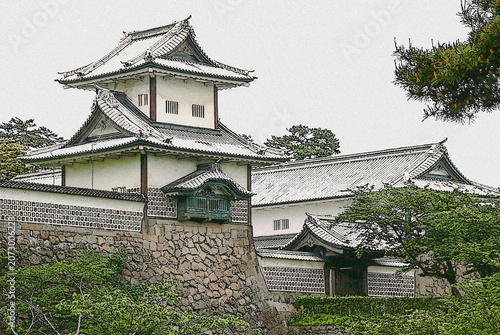 Fotografija 金沢城の威風堂々とした石川門と風格ある櫓を描いた水彩画風のイラスト / Watercolor Illustration of the Majestic Ishi
