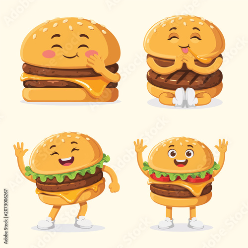 Cute Burger Mascot Character Collection With Funny Cartoon Expressions and Happy Fast Food Illustrations