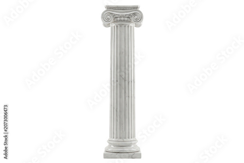 A tall white marble pillar featuring an ornate ionic capital and vertical fluting, captured on a plain black background, for clear visibility