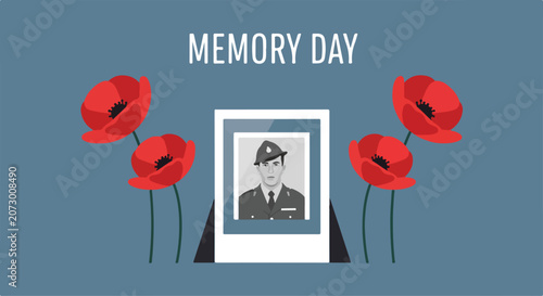 Fotografie A soldier's portrait surrounded by poppies on Memory Day