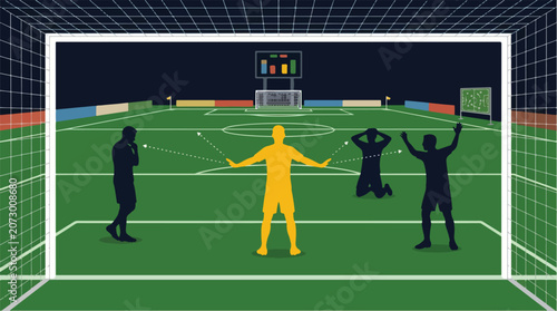 Photos Football Defender Calming Teammates Inside Penalty Box Net View Flat Vector