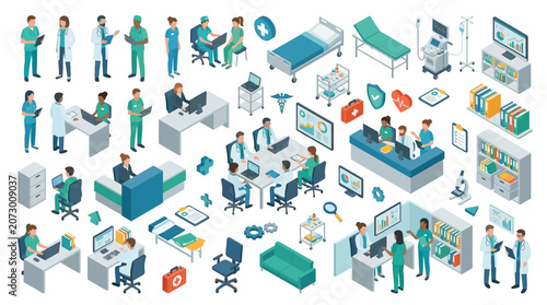 Comprehensive medical and healthcare workplace scene featuring doctors, nurses, patients, and hospital equipment in a modern