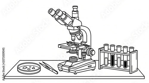 Scientific Laboratory Equipment with Microscope, Test Tubes, and Petri Dish Vector Line Art Illustration on White Background for Education, Research, and Kids Coloring Page.
